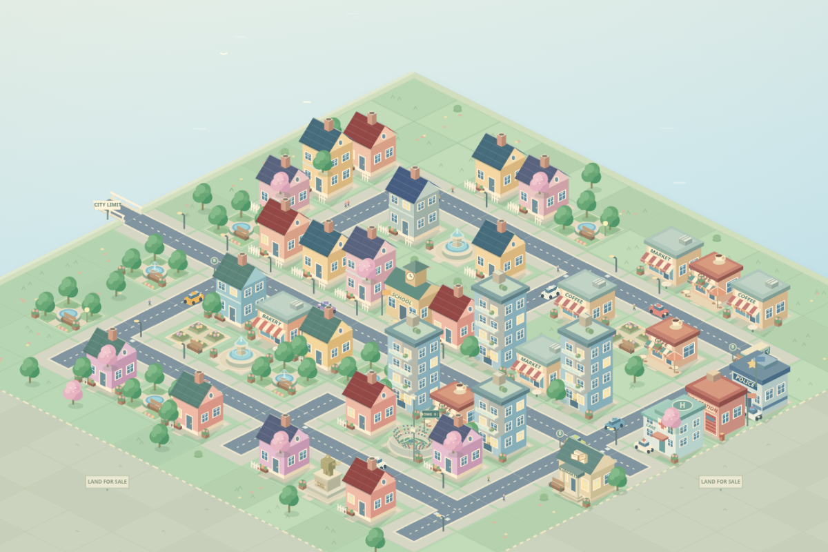 A miniature city of colourful homes, shops and parks beside connected roads in Mini City Builder.