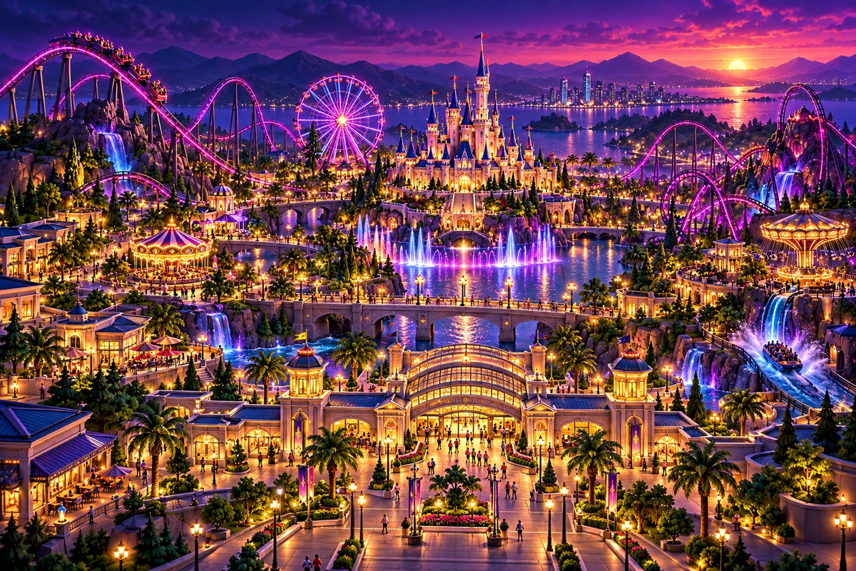 Theme Park Tycoon park artwork with Ferris wheel, custom coaster and themed park grounds